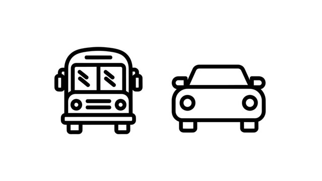 School bus and passenger car front view line icons with transport