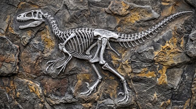 Detailed relief of a dinosaur skeleton fossil embedded in a textured rock wall, showcasing ancient prehistoric life and paleontology.