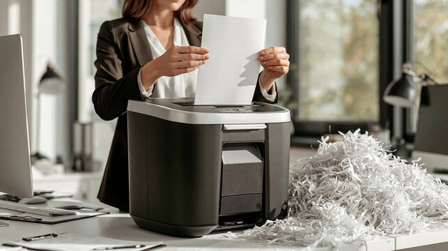 Shredding Documents: A woman in business attire operates a paper shredder, destroying sensitive documents, creating a pile of shredded paper on her desk.