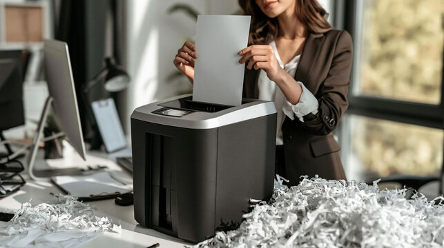 Shredding Sensitive Document: A businesswoman in a sharp suit destroys confidential papers using a high-security paper shredder in a modern office environment.