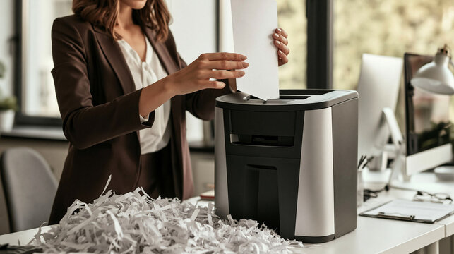 Document Destruction: A professional woman in a suit shreds sensitive documents with a modern paper shredder in a well-lit office environment, symbolizing data security and privacy.