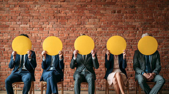 Hidden Identity, Unified Purpose: Five figures in business attire sit in a row, each holding a yellow circle to conceal their faces, against a rustic brick wall.