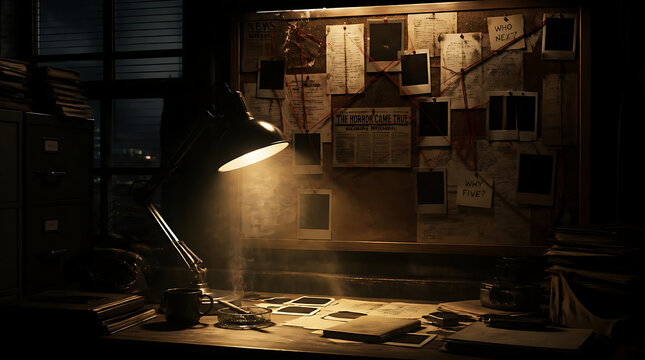 Dark attic with old furniture and warm desk lamp light.