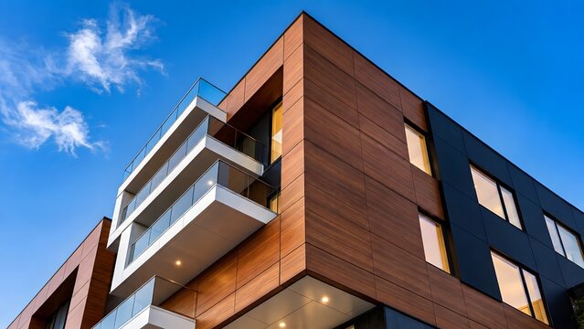 Contemporary residential apartment building exterior featuring modern wood panels glass balconies and dark cladding against blue sky
