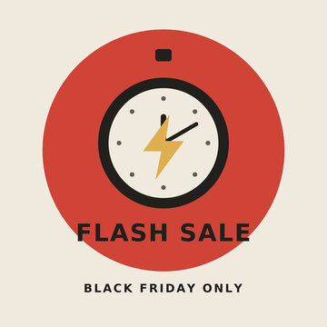 Black Friday sale flat vector illustration showing a stopwatch with a lightning bolt for a flash sale promotion