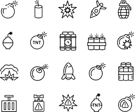 Bomb and Explosive Line Icon Set with TNT Dynamite Grenade Rocket and Explosion Symbols for War Military and Danger Design