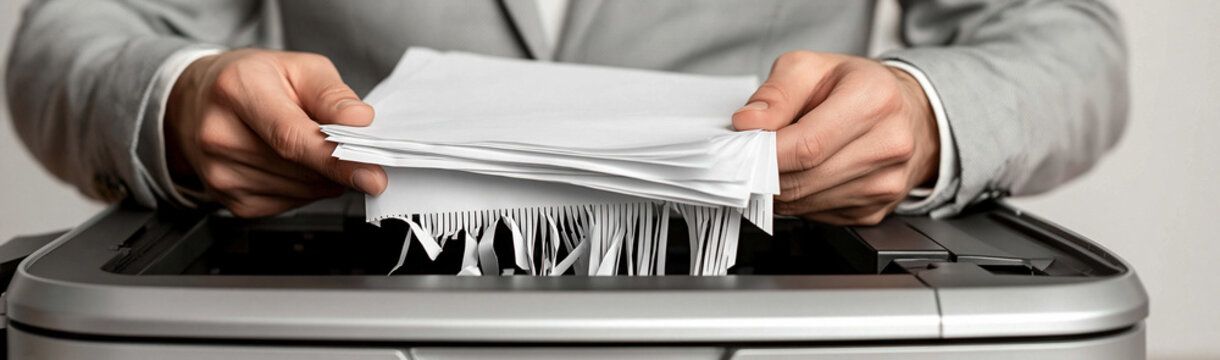 Confidentiality Shredded: A person in a business suit shreds documents, symbolizing the destruction of sensitive information and the emphasis on privacy.