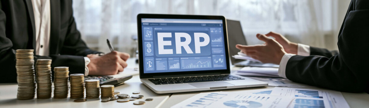 ERP System Implementation: Two business professionals collaborate on implementing an Enterprise Resource Planning system.