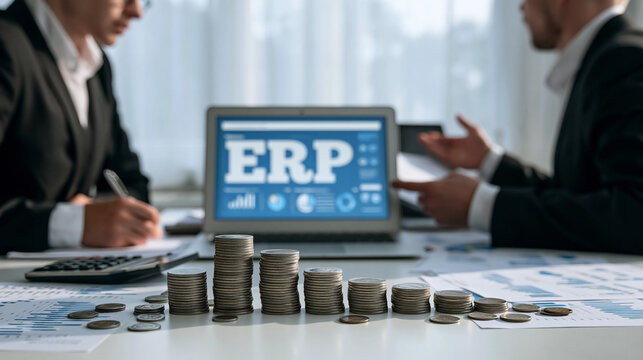 ERP Implementation Meeting: Two businessmen in a meeting discuss ERP system on a laptop screen displaying graphs and charts, with stacks of coins in the foreground symbolizing financial investment.
