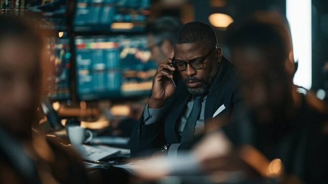 The Stock Market Analyst: A focused stock market analyst, dressed in a suit and tie, speaks on his phone while surrounded by blurred figures and monitors displaying financial data.