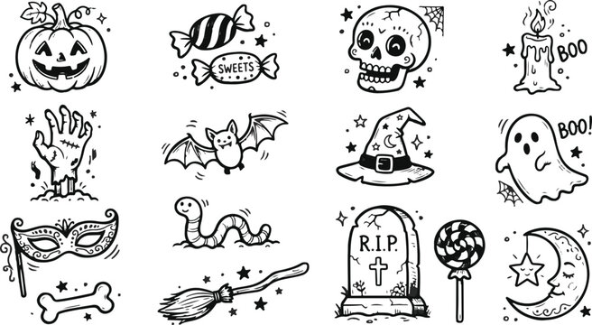 Halloween-Themed Line Art Icons Set Including Skulls, Pumpkins, Bats, Ghosts, and Graveyard Symbols