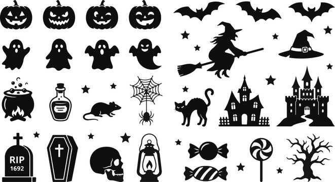 Halloween-Themed Vector Icons Set Featuring Jack-O'-Lanterns, Ghosts, Witches, Bats, Candy, and Graveyard Symbols