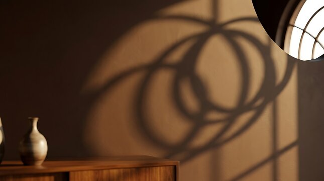 Warm sunlight casts intricate overlapping circular shadows of a window frame onto a beige wall above a wooden side cabinet holding two ceramic vases in a cozy room.
