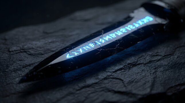 Mystical glowing rune dagger for halloween sorcery features neon light flickers on dark obsidian blade resting on rough ancient slate stone surface