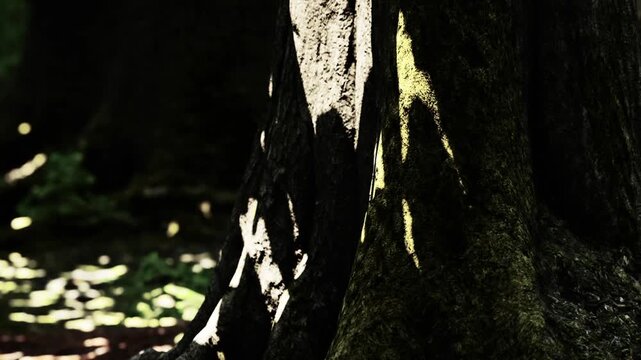 Sunlight filters through leaves, casting patterns on the rough surface of a tree trunk. The forest floor has patches of green plants and light spots. It is daytime.