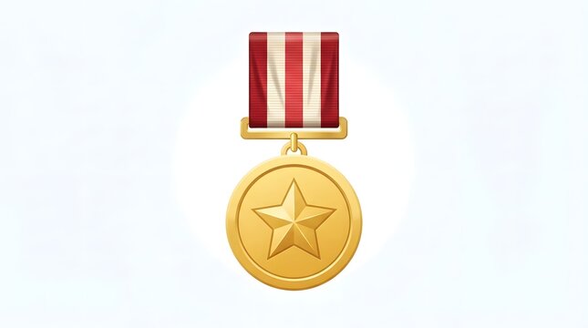 Close up of a gold military award medal with a red and white ribbon isolated on white