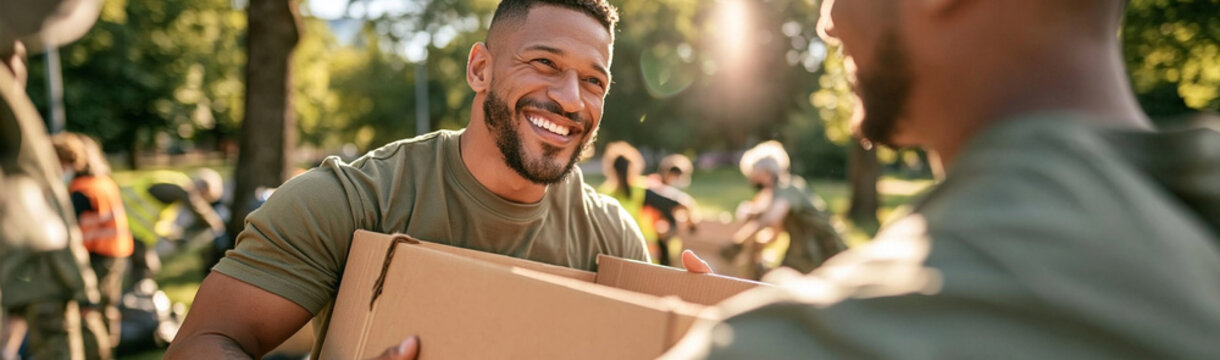 Community Care: A smiling man in a green t-shirt hands a cardboard box to another man, as a group of people in the background engage in outdoor community work on a sunny day.