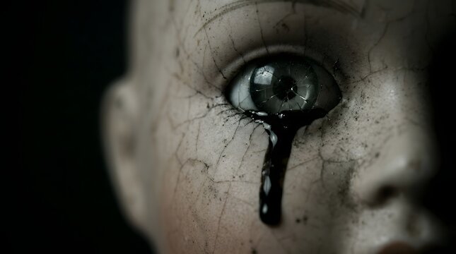 Spooky cracked porcelain doll with dark black tears for a creepy halloween horror theme featuring eerie textures and haunting atmosphere for decorations