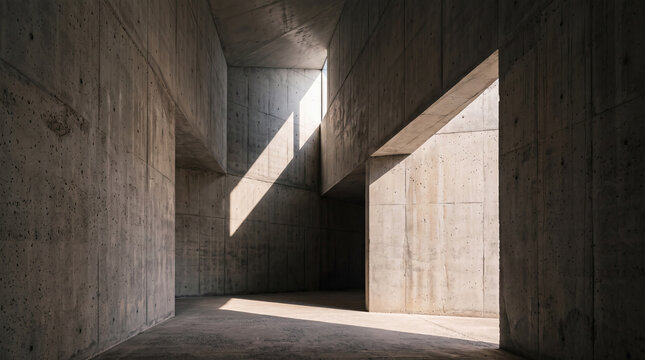 Brutalist Concrete Interior with Geometric Sunlight and Architectural Shadows