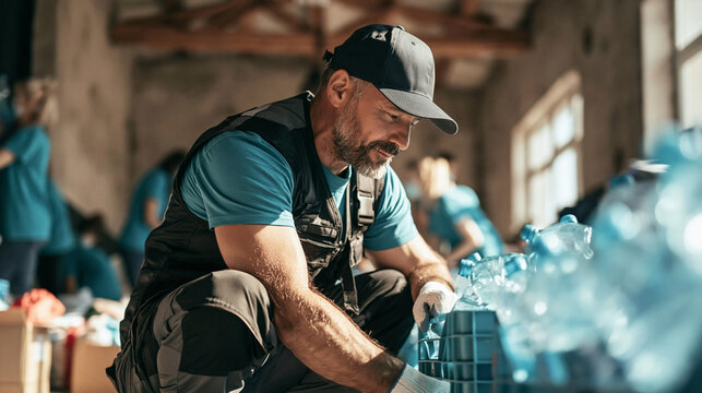 Recycling Volunteer: A dedicated volunteer works diligently, sorting plastic bottles in a warehouse setting, embodying the spirit of environmental stewardship and community action.