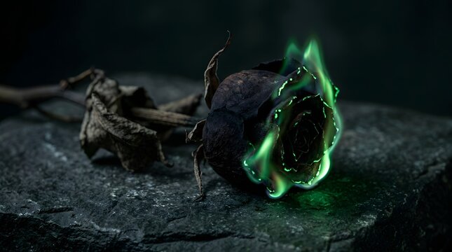 Withered rose burning with green flames for halloween, featuring mystical mist and eerie supernatural stone textures