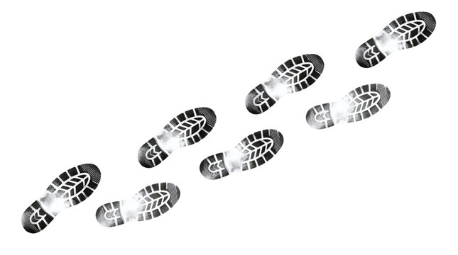 Abstract art design, white shoe footprint marks isolated on transparent background. walking step trail tracks cutout. Professionally rendered commercial graphic design components collection.