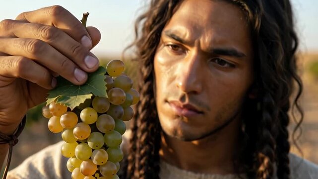 Young man examining ripe grapes in a vineyard under sunlight  