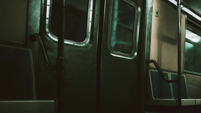 An empty subway train sits in a dark underground station. The interior shows rows of seats and metal walls. Light comes from small windows, creating shadows and a silent atmosphere.
