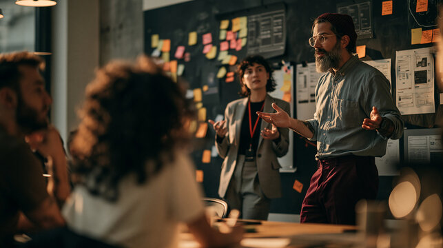 Brainstorming Session: A diverse group of professionals engage in an intense brainstorming session.