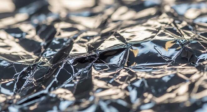 Close-up texture of wrinkled reflective metallic foil surface with reflective