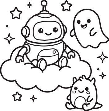 Cute cartoon robot sitting on cloud with ghost and cat characters