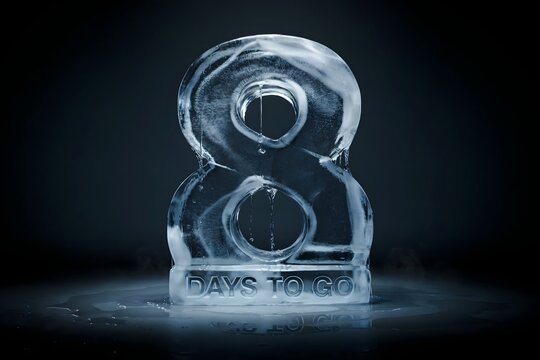 Number eight carved from ice with text days to go on a dark moody background