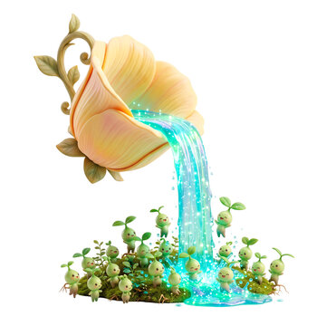Magical spring bloom with tiny plant sprites enjoying sparkling water from a giant flower PNG Isolated on transparent background