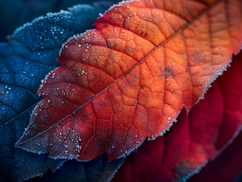 Extreme macro frosted leaf red to blue transition intricate vein texture for abstract beauty magazine cover and hero image