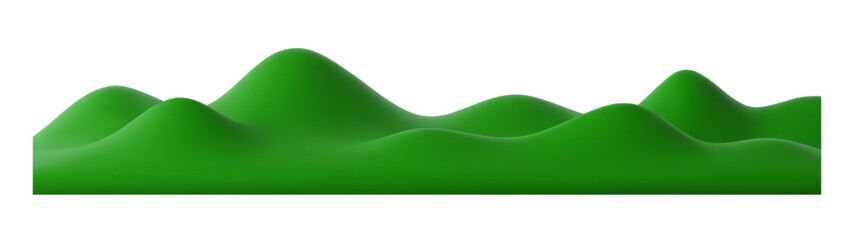 Naklejka premium 3D green grass hills, mountains and garden landscape with soft curves and layered terrain. Isolated natural scenery, meadow field, mountains and rolling slopes. Summer or spring countryside background