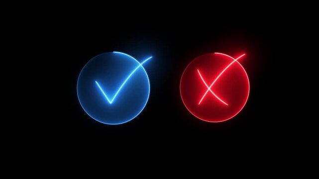 Neon tick or check mark icon animation. neon right and wrong check mark icons, False and true. Correct and incorrect, Minimal neon Check Mark and Cross Icon in Circle on Black Background animation.