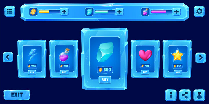 Game shop ice crystal interface window and icons, frozen loading bars, icy store panel ui, sale board frame, buttons, navigation controls and purchase cards. Fantasy cartoon GUI assets for mobile game