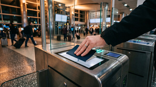 traveler scanning passport at airport security gate