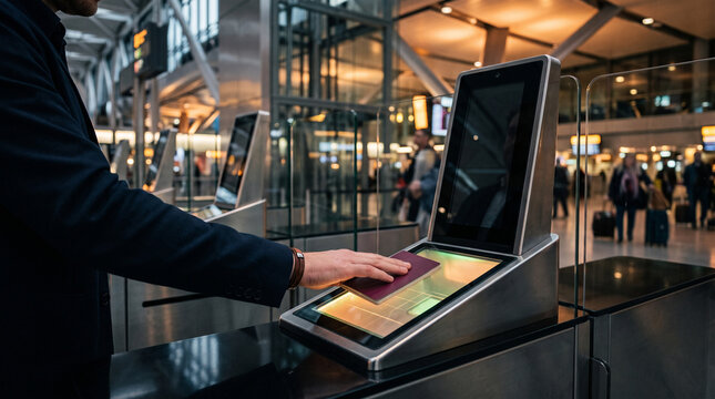 traveler scanning passport at automated airport gate