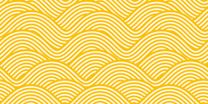 Asian wavy ramen noodles in seamless pattern or yellow Italian pasta spaghetti texture background. Noodles pattern with wave lines of Chinese or Japanese udon and Italian pasta spaghetti vermicelli