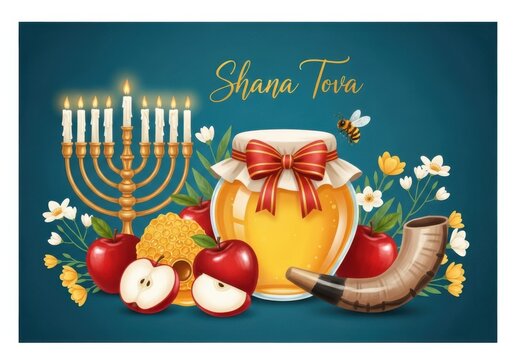 Shana tova greeting card with honey jar apples shofar and menorah on teal background