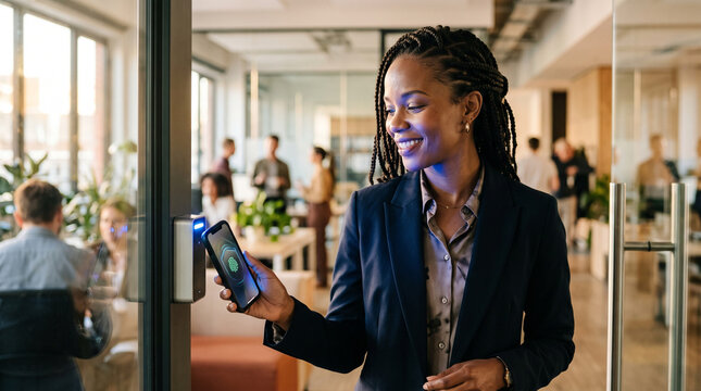 woman unlocking office door with digital phone access key