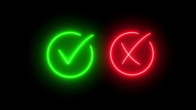 Neon tick or check mark icon animation. neon right and wrong check mark icons, False and true. Correct and incorrect, Minimal neon Check Mark and Cross Icon in Circle on Black Background animation.