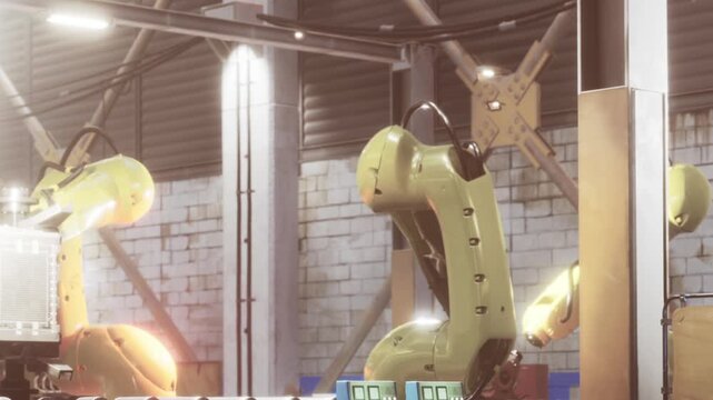 Two yellow robotic arms are operating on an assembly line in a factory. The workspace has walls made of concrete and many tools are visible. It is daytime and bright inside the building.