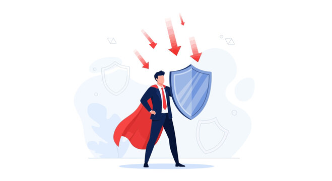 Superhero businessman with shield protecting against red arrows symbolizing threats, challenges, and risks
