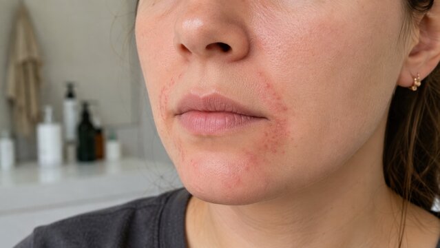 Perioral dermatitis rash around mouth of young woman shows red papules and flaky irritated skin.