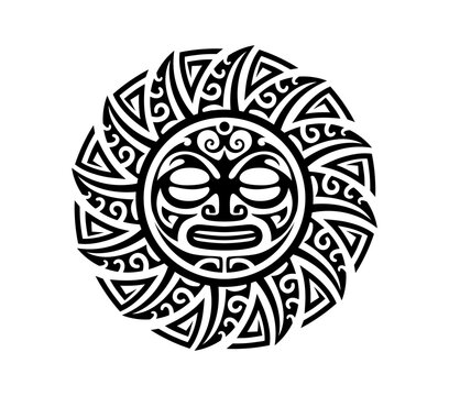 Maori sun face medallion tribe graphic tattoo or print. Maori warrior graphic decoration, Polynesian tribal folk tattoo. New Zealand tribe abstract print