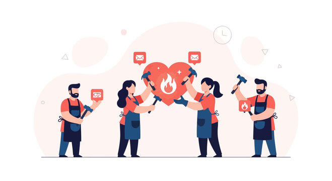 Team Forging Connection and Communication: Heart, Hammers, Mail Icons, Flat Design Vector Illustration