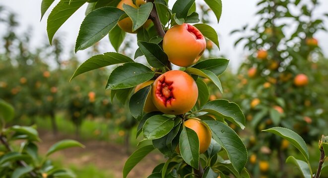 Fresh ripe plums hanging on a fruit tree branch in an orchard with agriculture
