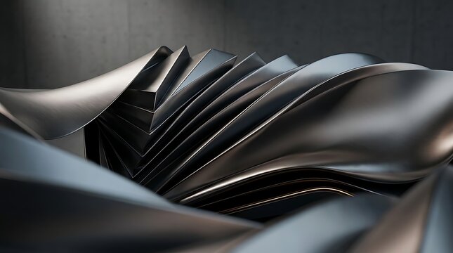 Abstract close-up of dark metallic curved surfaces forming fluid futuristic waves and geometric accordion folds with dramatic highlights and shadows in a modern 3D design composition.